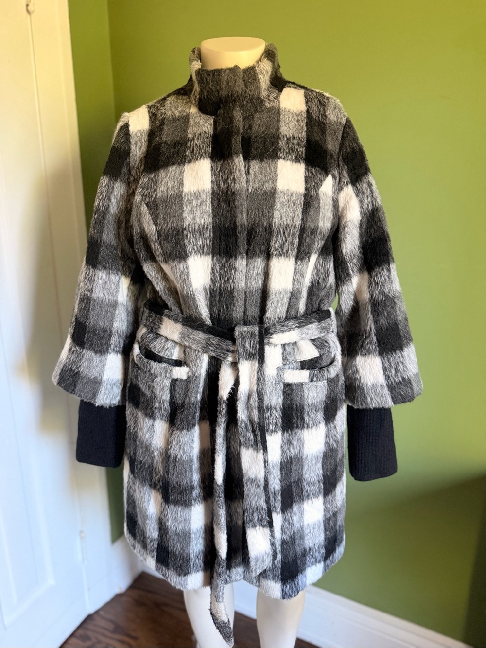 Isaac Mizrahi Live! Plaid Funnel Neck Coat with Storm Cuffs -Size 14
